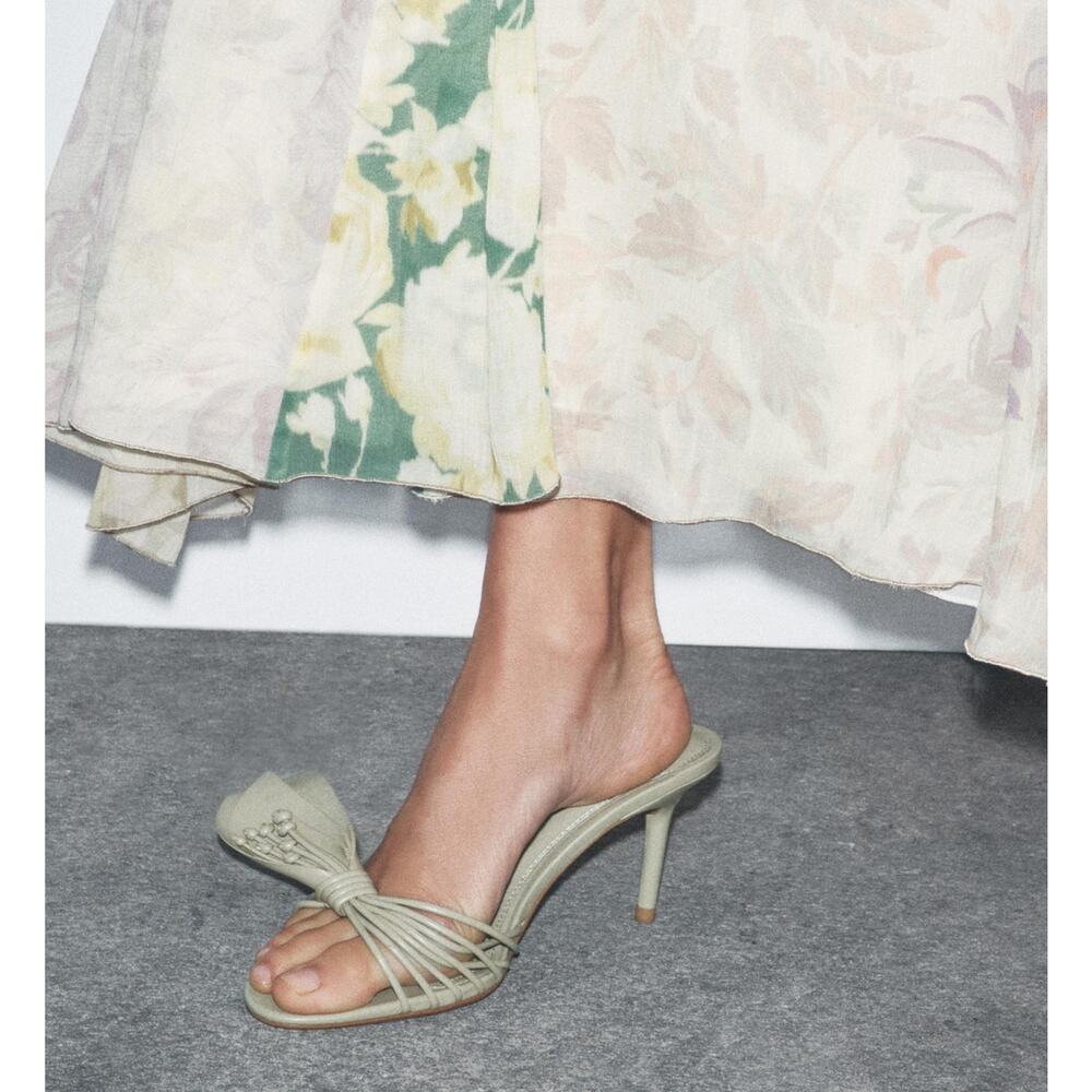 Zara Sage Green Rosette Mule Heels Strappy Sandals NWT - Picture 8 of 16
